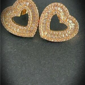 Gold Heart Shaped Statement Earrings with Sparkling Stones